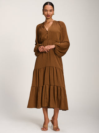 Long Sleeve Textured Satin Midaxi Dress, Brown
