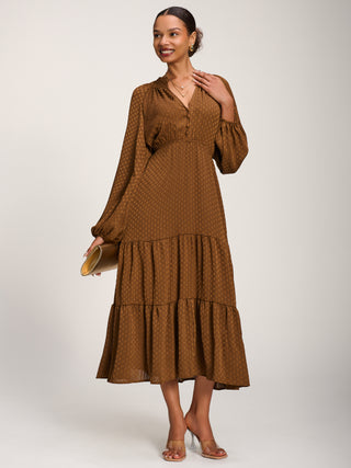Long Sleeve Textured Satin Midaxi Dress, Brown
