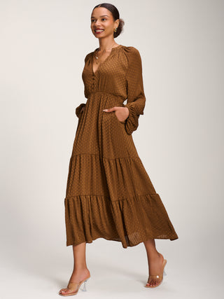 Long Sleeve Textured Satin Midaxi Dress, Brown