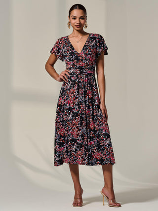 Mock Wrap Jesery Midi Dress, Black Floral