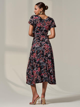 Mock Wrap Jesery Midi Dress, Black Floral
