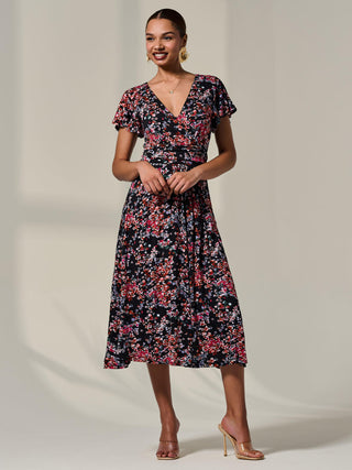 Mock Wrap Jesery Midi Dress, Black Floral