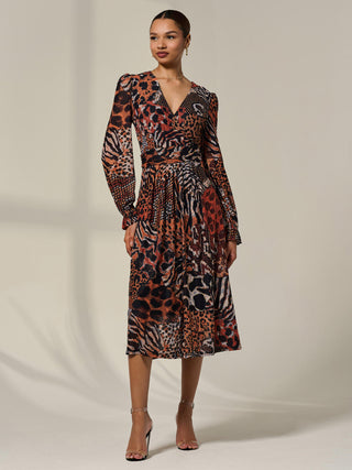 Mesh Long Ruffle Sleeve Midaxi Dress, Animal Multi