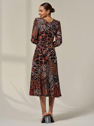 Mesh Long Ruffle Sleeve Midaxi Dress, Animal Multi