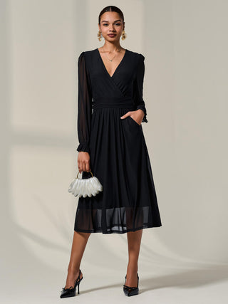 Mesh Long Ruffle Sleeve Midaxi Dress, Black