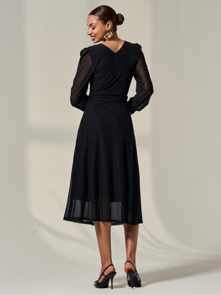 Mesh Long Ruffle Sleeve Midaxi Dress, Black
