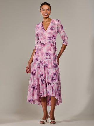 Mesh Wrap Midaxi Dress, Pink Abstract