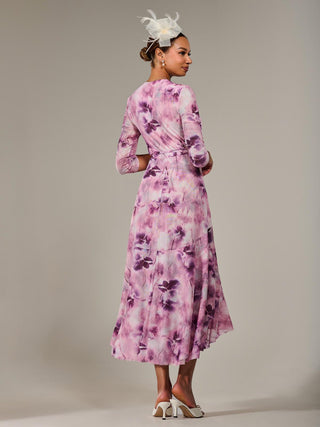 Mesh Wrap Midaxi Dress, Pink Abstract