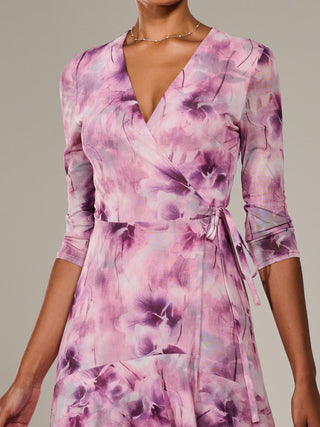 Mesh Wrap Midaxi Dress, Pink Abstract