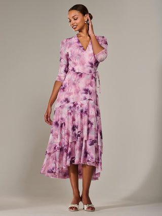 Mesh Wrap Midaxi Dress, Pink Abstract