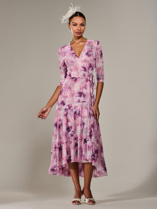 Mesh Wrap Midaxi Dress, Pink Abstract