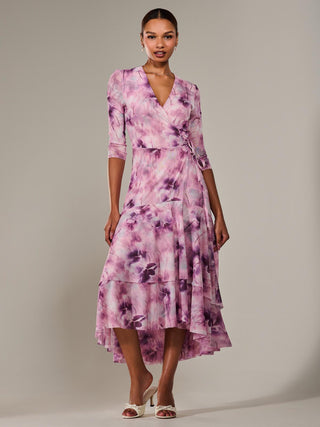 Mesh Wrap Midaxi Dress, Pink Abstract
