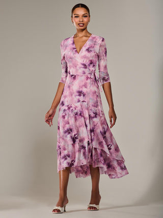 Mesh Wrap Midaxi Dress, Pink Abstract