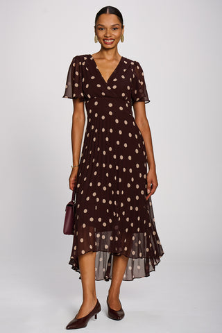 Angel Sleeve Pleated Chiffon Maxi Dress, Burgundy Spot