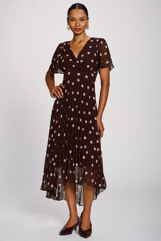 Angel Sleeve Pleated Chiffon Maxi Dress, Burgundy Spot