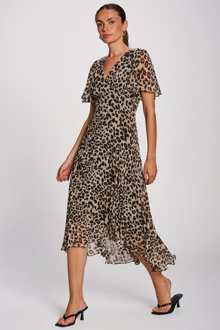 Angel Sleeve Pleated Chiffon Maxi Dress, Leopard Multi