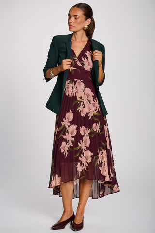 Angel Sleeve Pleated Chiffon Maxi Dress, Burgundy Floral
