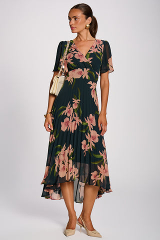 Angel Sleeve Pleated Chiffon Maxi Dress, Teal Floral