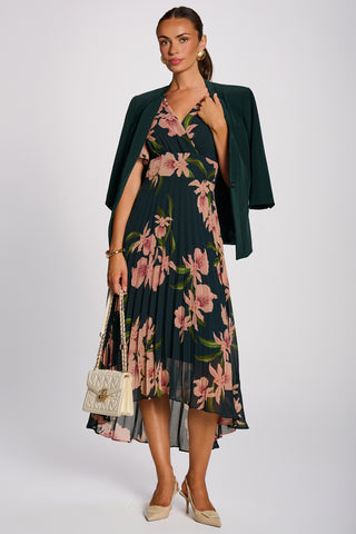 Angel Sleeve Pleated Chiffon Maxi Dress, Teal Floral