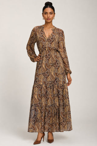 Long Sleeve Paisley Chiffon Maxi Dress, Brown Multi