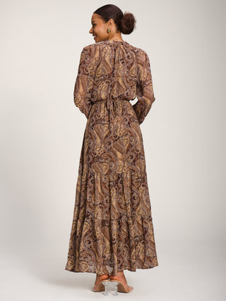 Long Sleeve Paisley Chiffon Maxi Dress, Brown Multi