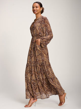 Long Sleeve Paisley Chiffon Maxi Dress, Brown Multi
