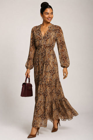 Long Sleeve Paisley Chiffon Maxi Dress, Brown Multi