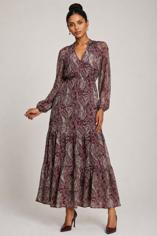 Long Sleeve Paisley Chiffon Maxi Dress, Burgundy Multi