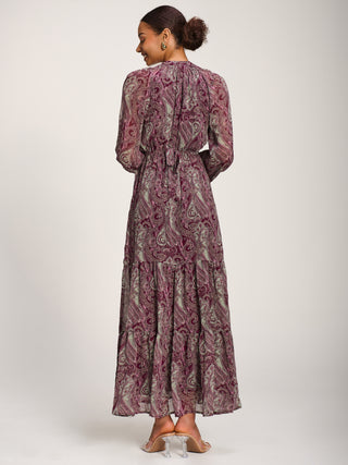 Long Sleeve Paisley Chiffon Maxi Dress, Burgundy Multi