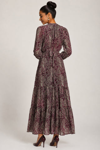 Long Sleeve Paisley Chiffon Maxi Dress, Burgundy Multi