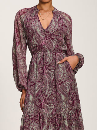 Long Sleeve Paisley Chiffon Maxi Dress, Burgundy Multi