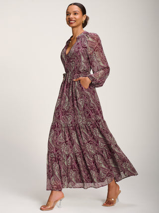 Long Sleeve Paisley Chiffon Maxi Dress, Burgundy Multi