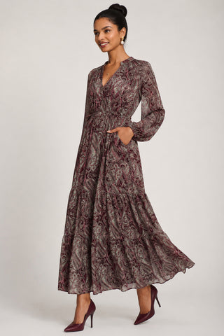 Long Sleeve Paisley Chiffon Maxi Dress, Burgundy Multi