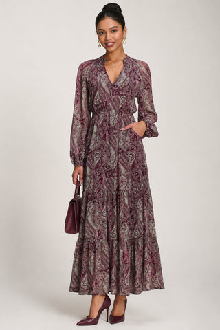 Long Sleeve Paisley Chiffon Maxi Dress, Burgundy Multi