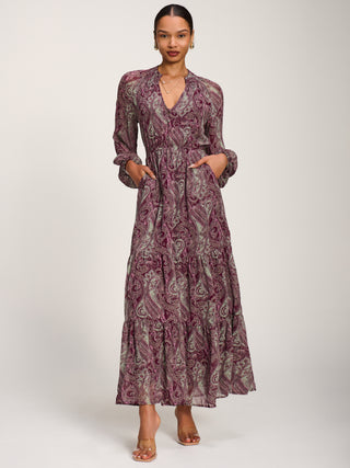 Long Sleeve Paisley Chiffon Maxi Dress, Burgundy Multi