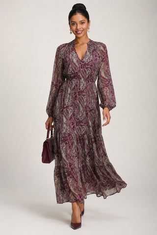 Long Sleeve Paisley Chiffon Maxi Dress, Burgundy Multi