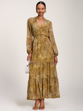 Long Sleeve Paisley Chiffon Maxi Dress, Olive Green