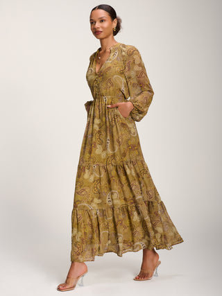 Long Sleeve Paisley Chiffon Maxi Dress, Olive Green