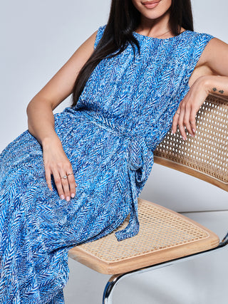 Hollyn Pleated Chiffon Maxi Dress, Blue Abstract