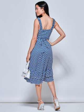 Harleen Sleeveless Tiered Midi Dress, Blue Geo