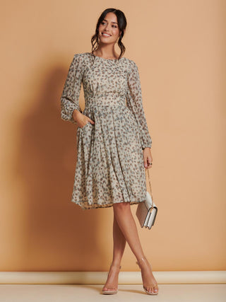 Long Sleeve Chiffon Midi Dress, Animal Multi