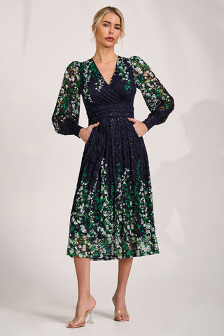 Long Sleeve Printed Lace Midi Dress, Green Multi