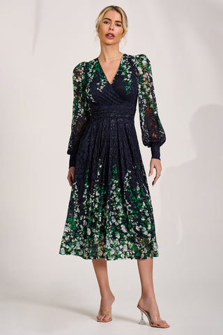 Long Sleeve Printed Lace Midi Dress, Green Multi