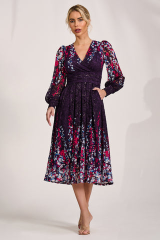 Long Sleeve Printed Lace Midi Dress, Purple Multi