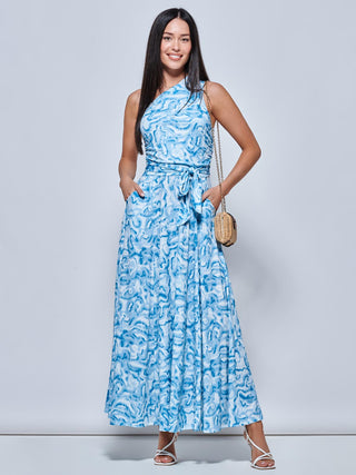 Marble Print One Shoulder Maxi Dress, Blue Multi