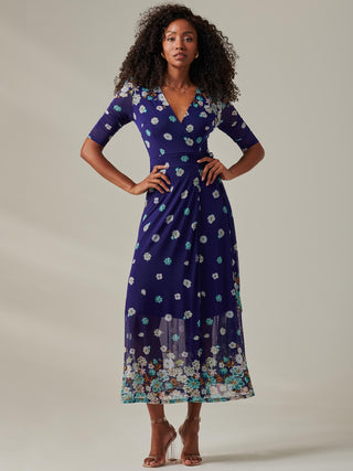 Stella Floral Print Wrap Mesh Maxi Dress, Navy Floral