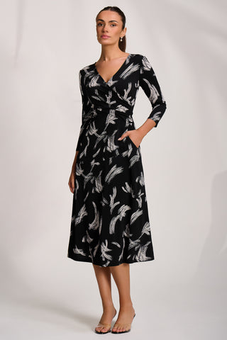 Fit and Flare Jersey Midi Dress, Black Abstract