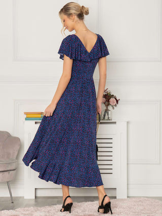 Luciana Frilly Dip Leopard Maxi Dress, Blue