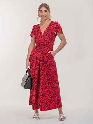 Sandra Cap Sleeve Culotte Jumpsuit, Red Animal