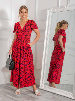 Sandra Cap Sleeve Culotte Jumpsuit, Red Animal